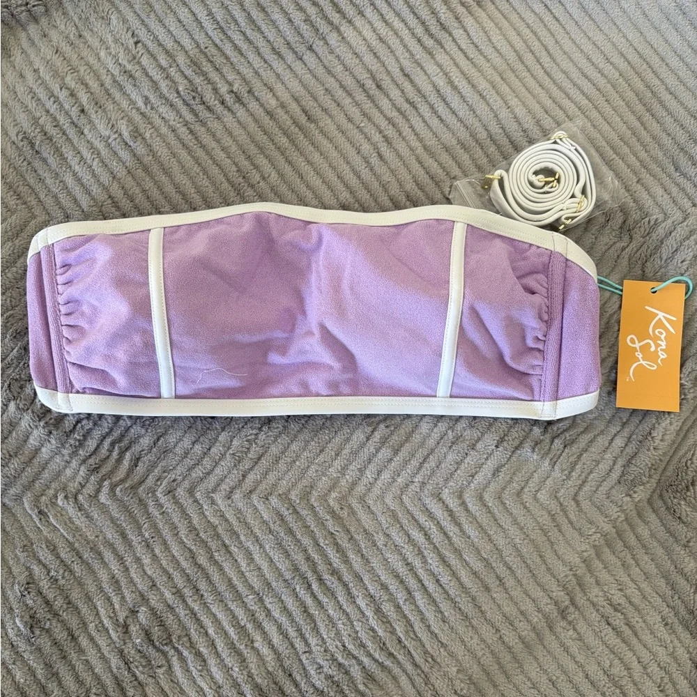 New Medium Kona Sol Purple Terry Textured Bandeau with Binding Bikini Top - Picture 5 of 13